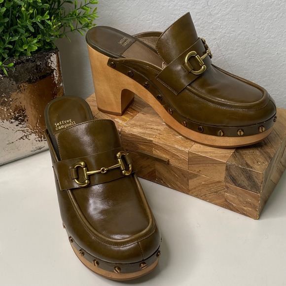 Jeffrey Campbell Beffany Olive Green Leather Clogs Mules Gold Hardware Size 8.5 - Picture 1 of 12